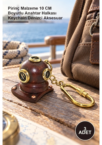 3 Adet Pirinç Dalgıç Başlığı Anahtarlık Pirinç Malzeme 10 Cm Boyutlu Anahtar Halkası Keychain Denizci Aksesuar