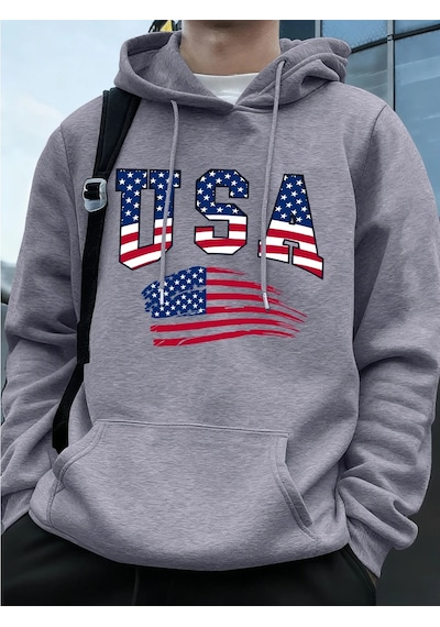 Tarzsokak Abd Amerika Bayrağı Baskı Erkek Tişörtü Kış Polar Sıcak Kapüşonlular Temelleri Büyük Boy Cep Gri