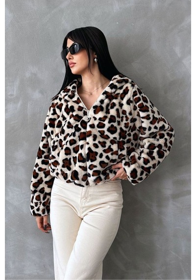 Verymoda Leopar Baskılı Peluş Mont F1654 Açık Taş Leopar