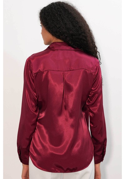 Bigdart Kruvaze Saten Bordo Kadın Gömlek 20386