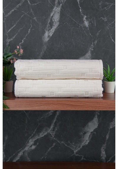 Tuğla Desenli 2li Ayak Havlusu - 50x70 Cm - Su Emici Banyo Paspası Seti - Beyaz Beyaz