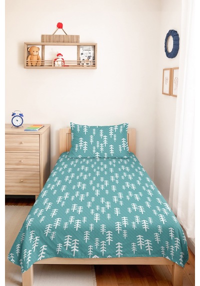 Turkuaz Çam Ağaçlı Genç Odası Tek Kişilik Pike Takımı - İskandinav 160x220 Cm Kapitone Yatak Örtüsü Lacivert