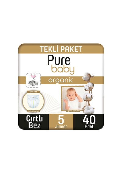 Pure Baby Organik Pamuklu Cırtlı Bez Tekli Paket 5 Numara Junior 40 Adet