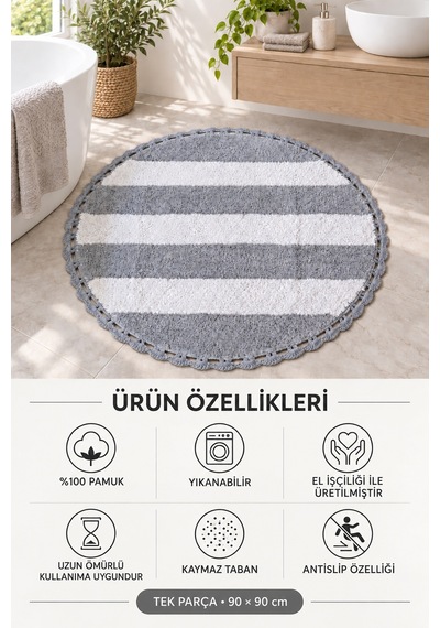 Alanur Bodrum Tufting Cotton Pamuklu El Işi Örgülü 90 X 90 Cm Paspas 112 Beyaz - Gri