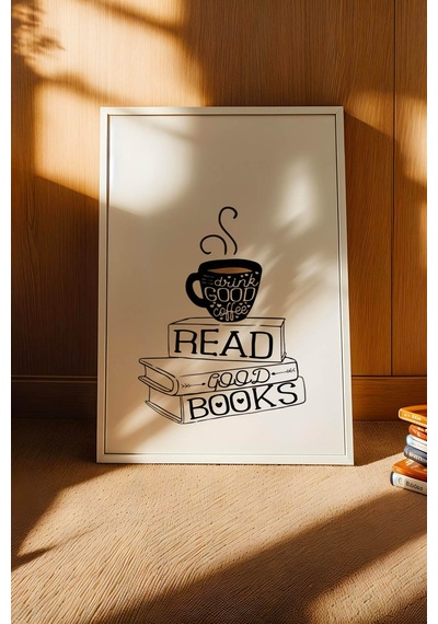 Retro Coffee And Books Tasarım Çerçeveli Tablo - Sanatsal Mutfak Ve Çalışma Odası Duvar Dekoru Beyaz