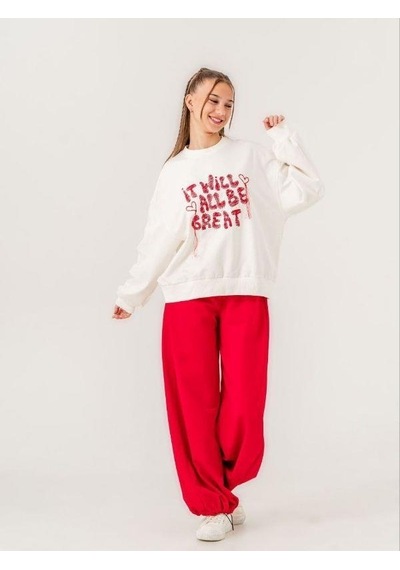 Kız Çocuk 2 İplik Nakışlı Sweatshirt-14212 Ekru