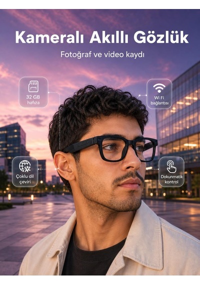 Yapay Zeka Destekli Kameralı Akıllı Gözlük Fotoğraf Video Kayıt 32 Gb Hafıza