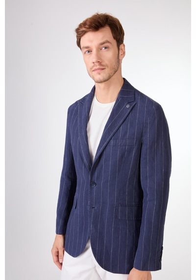 Dufy Lacivert Erkek Regular Fit Çizgili Sivri Yaka Keten Ceket - 104439 Lacivert