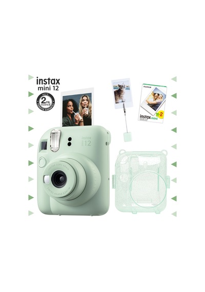 Fujifilm Instax Mini 12 Fotoğraf Makinesi + 20'li Film + Kıskaçlı Resim Standı + Simli Pleksi Kılıf Seti Yeşil