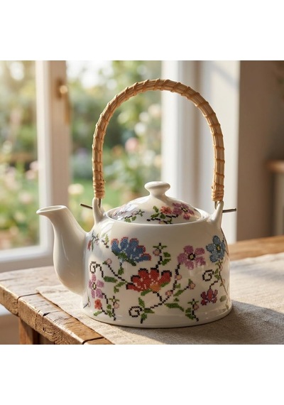 Porselen Çini Piraye Demlik - Bambu/hasır Saplı, Ateşe Dayanıklı Nostaljik Bitki Çayı Ve Çay Demliği 900 Ml - 2 Farklı Desen Seçeneği Pıraye Çok Renkli