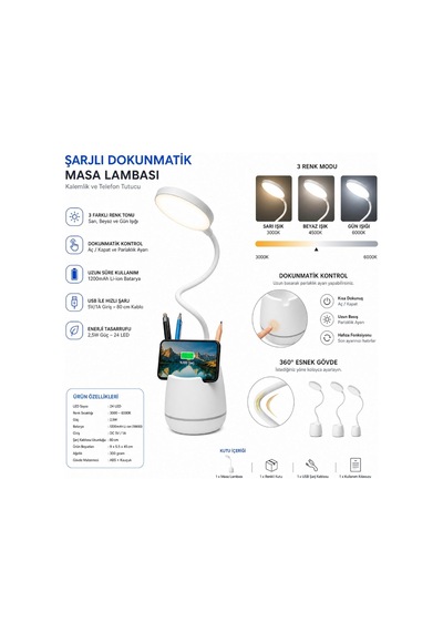 Masa Lambası Şarjlı Dokunmatik 24 Led'li, 3 Renk Modlu Ayarlanabilir Işık, Usb Şarjlı, Esnek Gövde, Modern Masa Çok Renkli