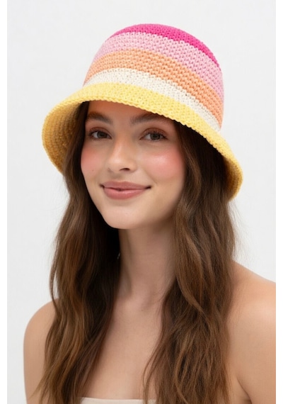 Mollycrush Kadın Pembe Geçişli Hasır Örgü Bucket Şapka Bohem Stil Plaj Ve Güneş Şapkası Pembe