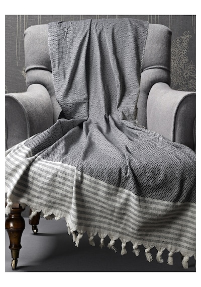 Buldan İşi Pamuklu 2'li Berjer Koltuk Örtüsü Seti 180x150 Cm - Kolları Örten Dokuma Kumaş Antrasit
