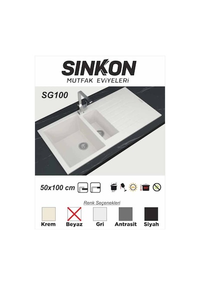 Sinkon Beyaz Granit Eviye 50 x 100 / 1.5 Göz - Sg100 - Sinkon