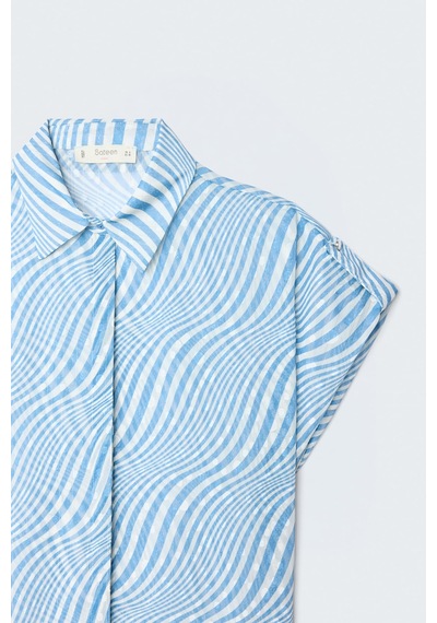 Sateen Kısa Kollu Zebra Desenli Gömlek - Mavi-137643