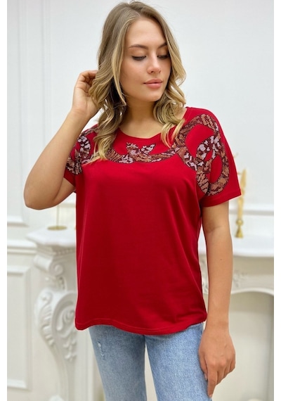 Rich Glam Bol Kalıp Leopar Crystal Taşlı Büyük Beden Kırmızı Şık Rahat Kadın T-shirt Kırmızı