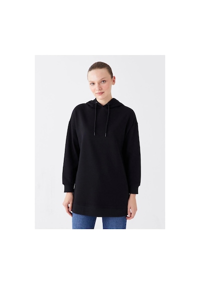 LC Waikiki Kapüşonlu Düz Uzun Kollu Kadın Sweatshirt Tunik Siyah