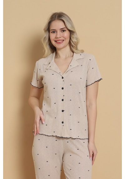 Wordex Mirano 1712 Minik Kalp Desenli Pointel İnce Kumaş Düğmeli Kısa Kollu Kadın Pijama Takımı Bej Wordex Mirano 1712 Minik Kalp Desenli Pointel İnce Kumaş Düğmeli Kısa Kollu Kadın Pijama Takımı Bej
