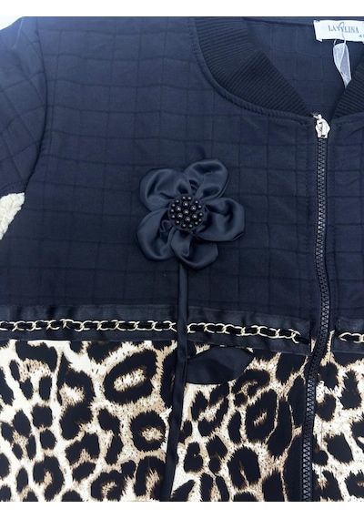 Büyük Beden Çiçek Motifli Leopar Desenli Peluş Detaylı Cepli Fermuarlı Kadın Mont