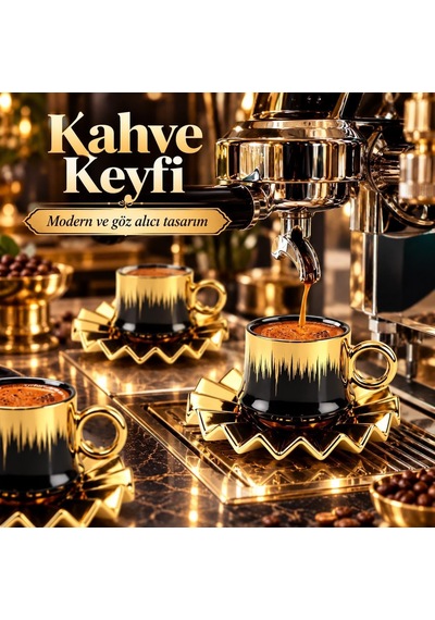 6 Kişilik 12 Parça Türk Kahvesi Fincan Seti 100 Ml Siyah Gold Detaylı Porselen Çok Renkli