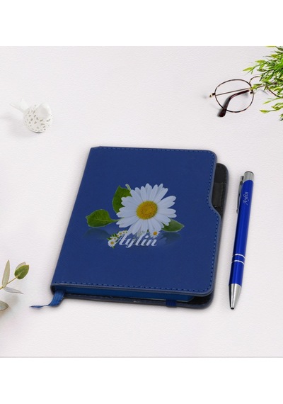 Kişiye Özel Papatya Temalı Lacivert Termo Deri Defter Kalem Seti- N11.137