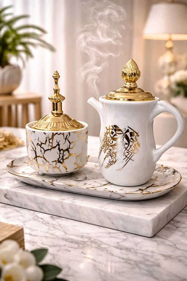 Banum Luxury Beyaz Altın Mermer Desenli Kapaklı Tütsülük Buhurdanlık Setı