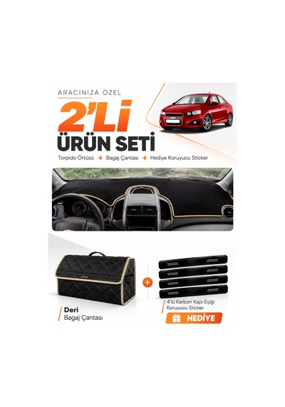 E-biz Chevrolet Aveo T300 2011-2015 Uyumlu Torpido Örtüsü + Deri Bagaj Çantası - Siyah-bej - Ch009