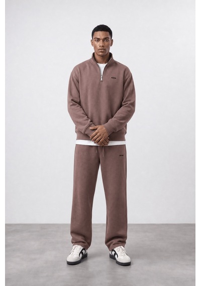 Erkek Respire Basic Half Zip Oversize Sweatshirt Kakao Kahverengi