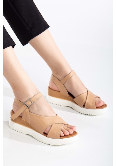 Analin Shoes Kadın Hakiki Deri Bilekten Bağlı Yüksek Taban Sandalet Nude