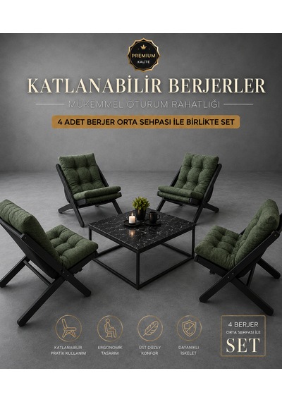 4lü Sehpalı Dinlenme Koltuğu Berjer Balkon Koltuğu Bahçe Kotuğu Tv Sandalyesi Koyu Yeşil