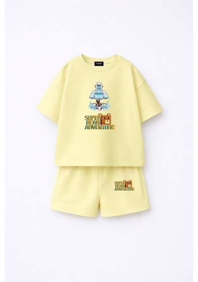Fasardi Super Bear Adventure Süper Ayı Baskılı Oversize %100 Pamuk Kısa Kollu Unisex Çocuk T-shirt Limon