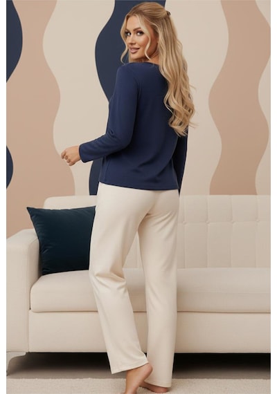 Siyah İnci Örme İnterlok Pijama Takım25226009 Lacivert Çiçekli