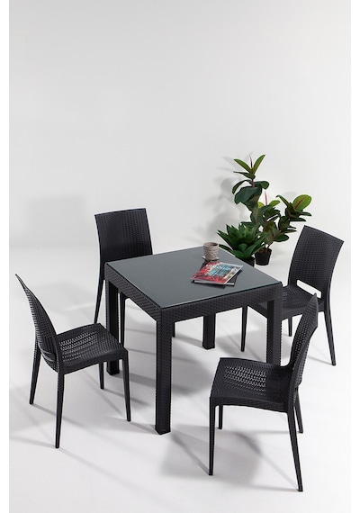 Rattan Camlı 80x80 Bahçe&balkon&teras Masa Seti - Antrasit Gri