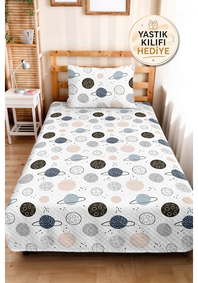 Evimde Bambaşka Uzay Gezegen Desenli Çocuk Odası Tek Kişilik Pike Takımı-gri Bej 160x220  CM Kapitone Yatak Örtüsü