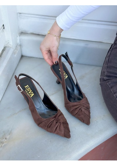 Ervanın Butiği Kahve Süet Bow Fiyonk Detay Kadın Stiletto-6090