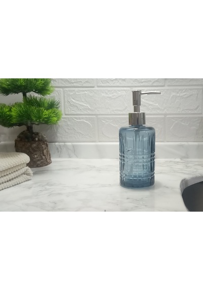 Cam Sıvı Sabunluk,kristal Desenli Mavi 300ml Banyo Seti 6,8x17,