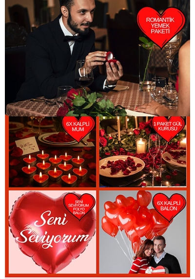 Kalpli Balon Mum Romantik Yemek Seti Sevgililer Günü Doğum Günü Yıl Dönümü Evlilik Teklifi Süs