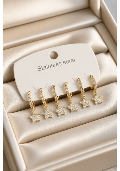 Çelik Gold Renk 6'lı Set Yıldız Model Kadın Küpe