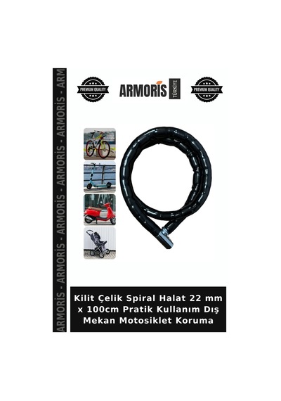 Kilit Çelik Spiral Halat 22 Mm X 100cm Pratik Kullanım Dış Mekan Motosiklet Koruma
