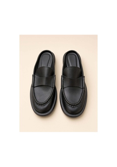 37brandshoes Siyah Deri Arkası Açık Loafer Terlikler Siyah Siyah
