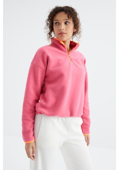 Tommy Life Şeker Pembe Yarım Fermuar Etek Ucu Büzgülü Dik Yaka Oversize Kadın Polar Sweatshirt - 97234 Şeker Pembe