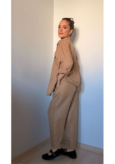 Ali Butik Kahverengi Keten Gömlek Pantolon Takım Kahve