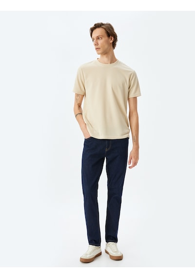Koton Bisiklet Yaka Kısa Kollu Dokulu Slim Fit Tişört Bej 5sam10077hk Ekru