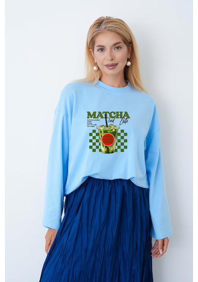 Medinenur Kadın Matcha Baskılı Oversize Geniş Kollu Body Mavi