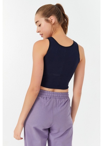 Tommy Life İndigo Basic Sıfır Kol Dar Kalıp U Yaka Kadın Crop Top Atlet - 97160 İndigo
