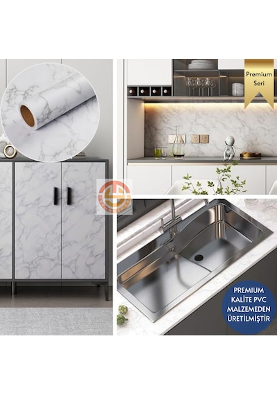 Technosmart 60x100cm Mat Mermer Desenli Kendinden Yapışkanlı Duvar Kağıdı Kaplama Mutfak Masa Folyo Beyaz