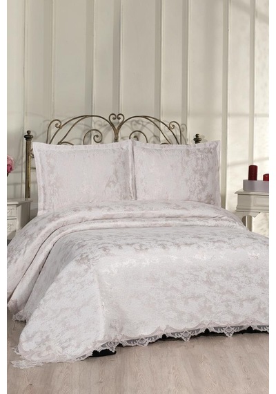 Çeyiz Diyarı Fransız Dantelli Edge Çift Kişilik Yatak Örtüsü 230x250 Cm Krem