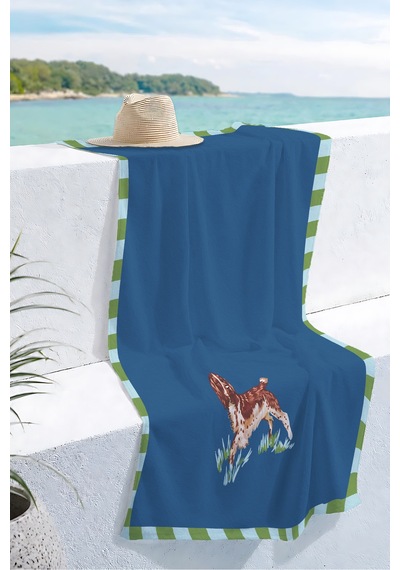 Köpek Figürlü Lacivert Plaj Havlusu - Marine Modern Çerçeveli Hızlı Kuruyan Mikrofiber Havlu Yağmur Armut