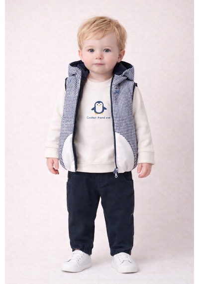 Harika Kids Erkek Bebek 3 Lü Takım 9-24 Ay Şişme Yelek %100 Pamuk Sweatshirt Kadife Pantolon Lacivert