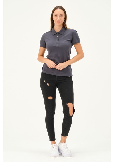 Msw Kadın Kısa Kollu Regular Fit Polo Yaka T-shirt Füme